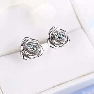 Small Sterling Silver Floral Stud Earrings White Lab Sapphire